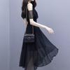 Elegant Fashion V-neck Zipper Off Shoulder Short Sleeve A-LINE Dress Summer Black Solid Color Chiffon Empire Women's Clothing