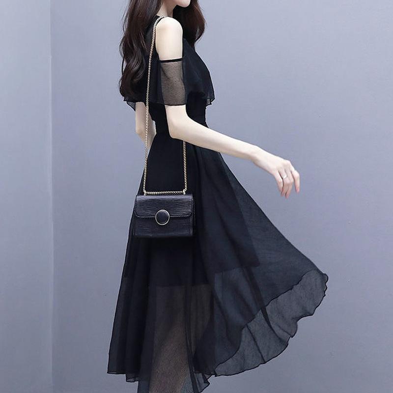 Elegant Fashion V-neck Zipper Off Shoulder Short Sleeve A-LINE Dress Summer Black Solid Color Chiffon Empire Women's Clothing