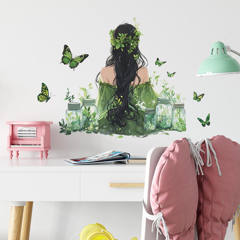 Watercolor Back View Girl with Butterfly Wall Sticker Romantic Poetic Self-Adhesive Wall Art for Bedroom Living Room Home Decor
