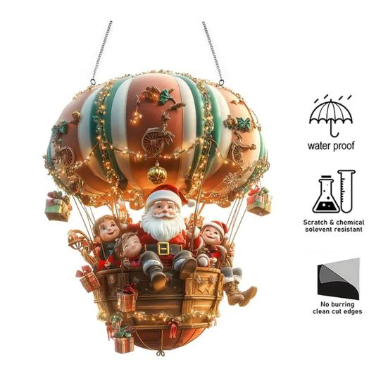 Christmas Hot Air Balloon Ornaments 2D Acrylic Xmas Tree Pendant Cartoon Santa In Hot Air Balloon Hanging Decoration for Trees Doors Windows Decor