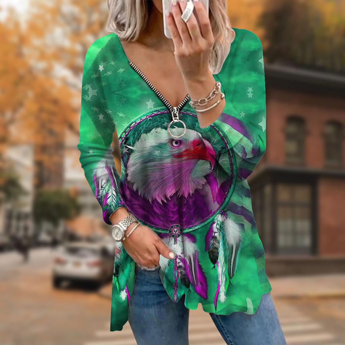 

Женские осенние футболки с длинным рукавом и принтом пернатого орла, свободные футболки больших размеров с V-образным вырезом, удобные блузки 2XL светло-зеленый