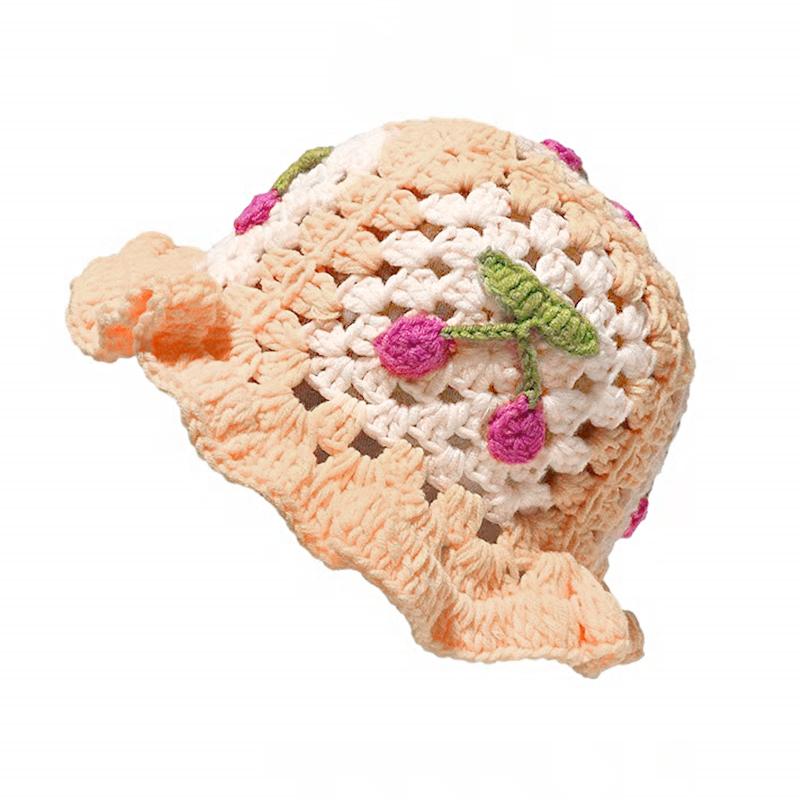 Women Cherry Theme Stretchy Knitted Hat Fashion Hollow Ruffles Vibrant Bucket Hat Bowler Hat Handmade Crochet Cute 58cm
