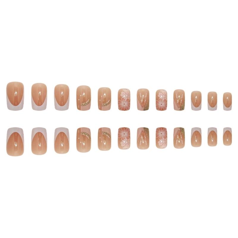 Flower Press on Nail Square False Nail Glossy Acrylic Nail Artificial Nail Full Cover Stick on Nail for Women 24Pcs