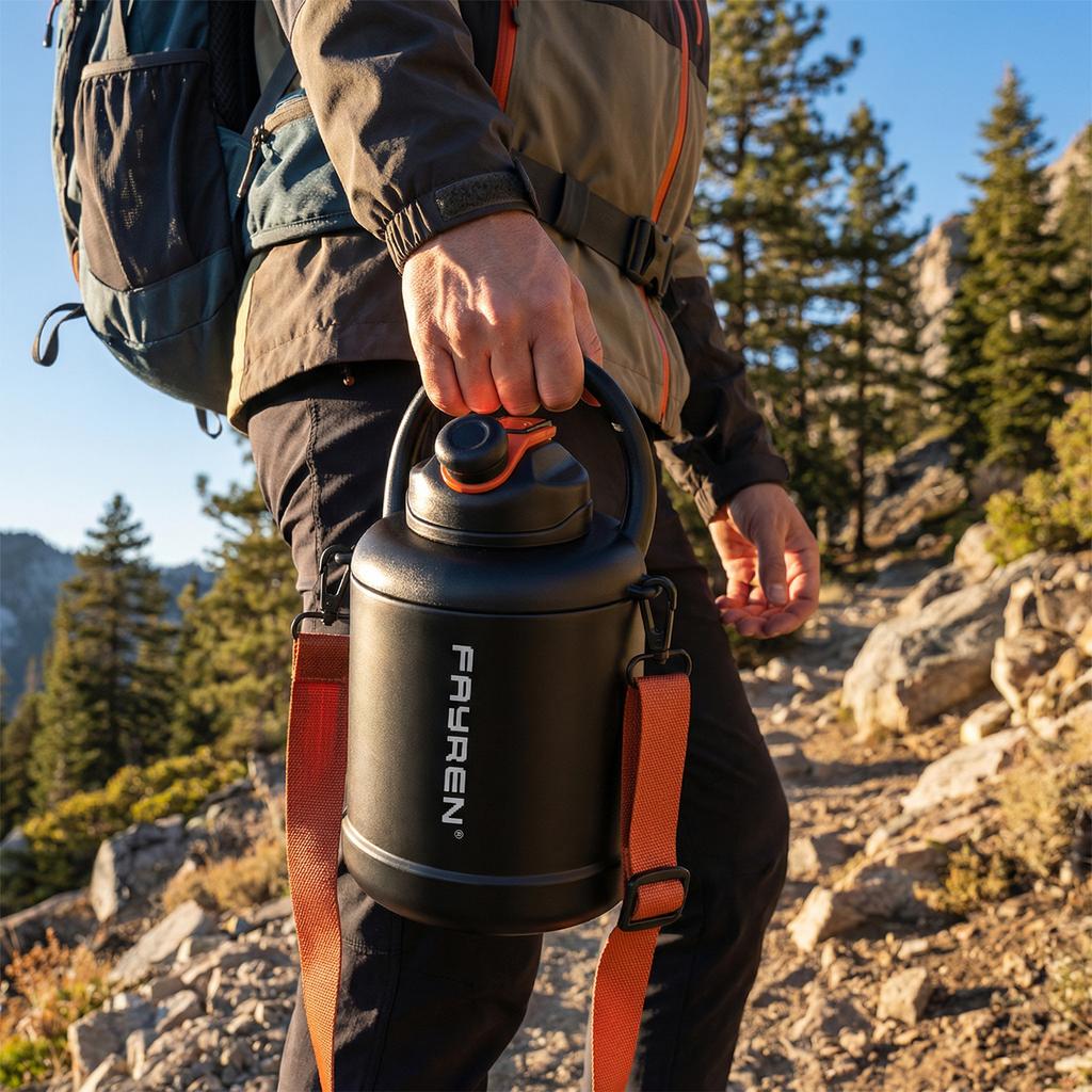 FAYREN 1300ml 1600ml High Capacity Outdoor Mountain Climbing Insulated Stainless Steel Sports Water Bottle with Strap