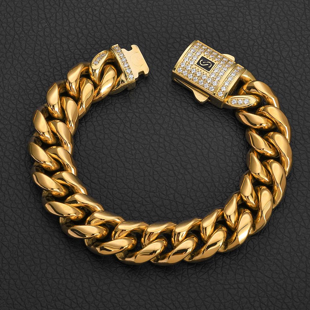 Stainless Steel Bracelet Miami Cuban Plated 14K Gold CNC Men's Jewelry High Polished 14MM Chain Luxury Gift