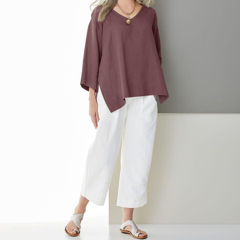 Women V Neck Batwing Sleeve Loose Casual Top Irregular Hem Blouse