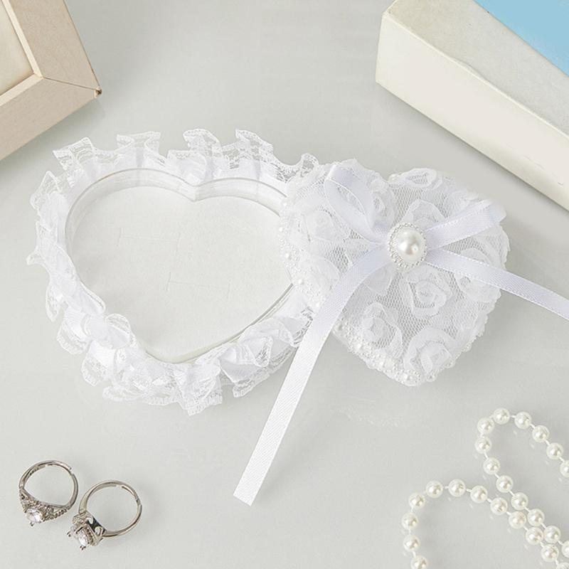Wedding Rings Presentation Box With Lace and Heart Shape Design Rings Display Holder Case with Pillow for Formal Occasion