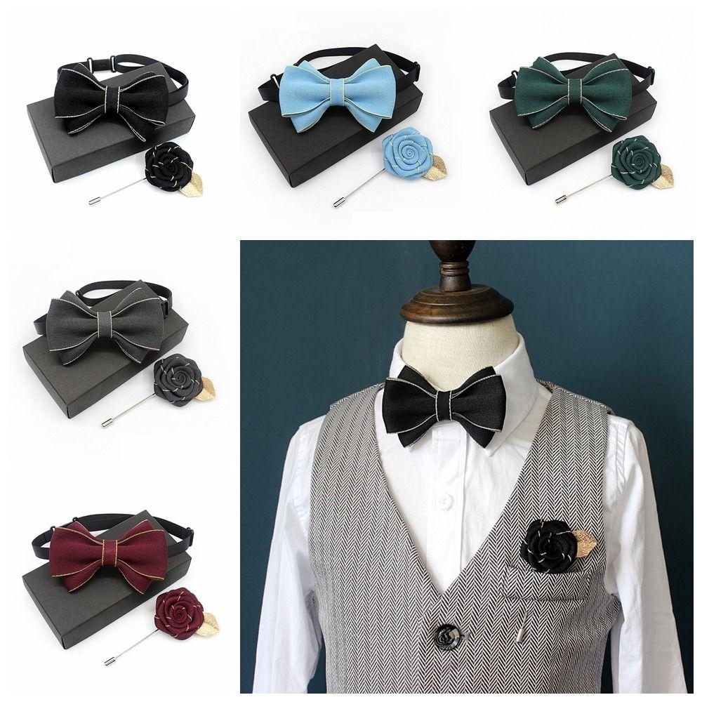Polyester Neck Collar Adjustable Ribbon Bowtie Fashion Bow Tie Brooches Set  Business