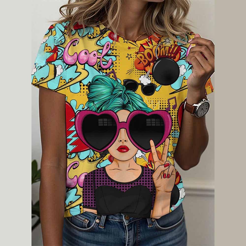 Girl 3D Printed Women's T-shirt Summer Round Neck Short Sleeved T-shirt