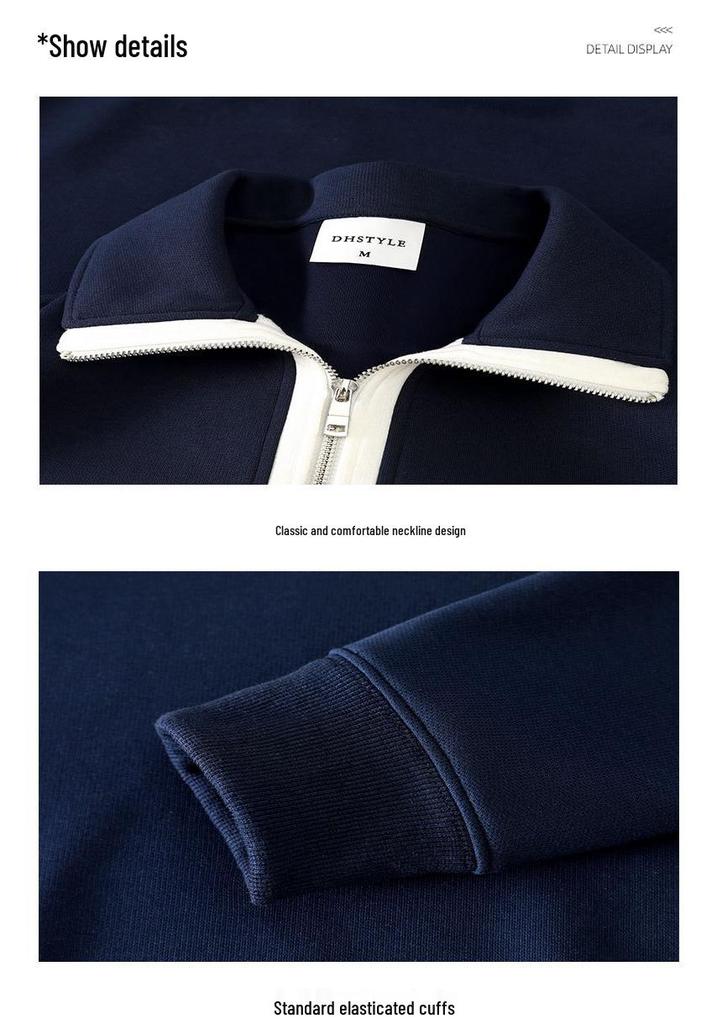 Women's Casual Color Block Stand Collar Half-Zip Hoodie, Early Autumn, Heavyweight 380g Composite Cotton, Loose Fit, Versatile Style