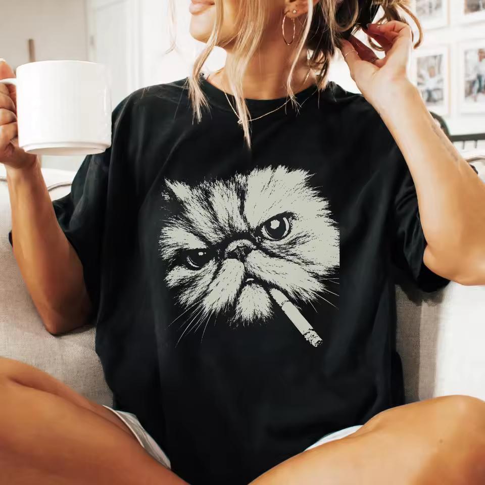 Smoking Persian Cat Shirt, Vintage Y2K Grunge Persian Cat Graphic Tee, Funny Cat Face Shirt, Edgy Meme, Gift Cat Lover