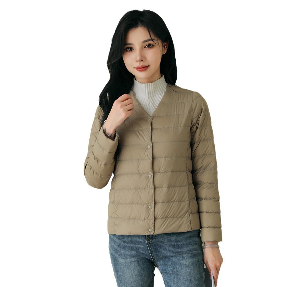 Women's Lightweight Down Jacket - V-Neck, Round Neck, Solid White, Simple Design, Thin & Lightweight Duck Down Coat