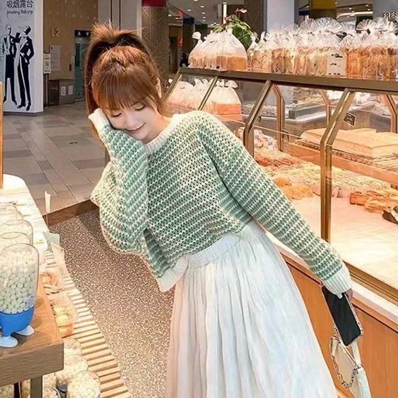 

Вязаные топы в полоску, короткие пуловеры, женские свободные свитера с круглым вырезом и длинными рукавами, женские весенне-осенние повседневные свитера большого размера L зелёный