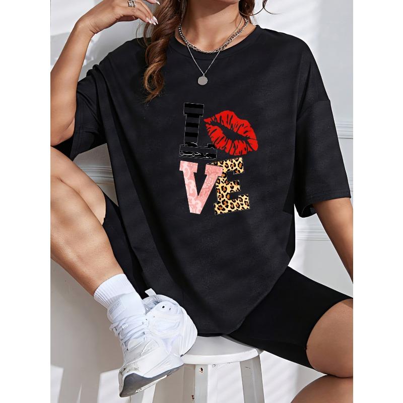 Love Graphic Print White T Shirt With Lip And Leopard Pattern For Casual Wear