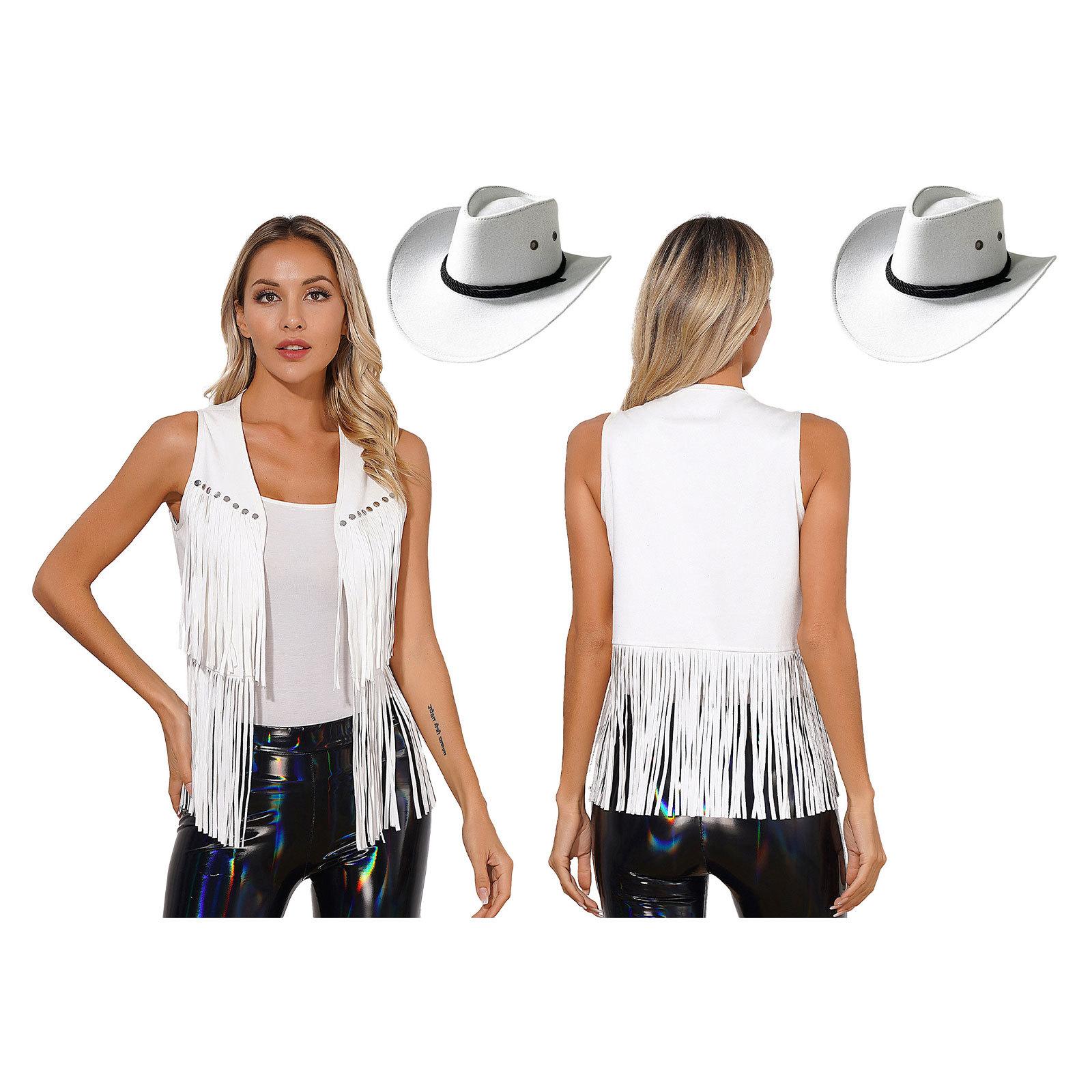 

Женский костюм ковбойши в стиле вестерн, жилет из искусственной замши с бахромой, ковбойская шляпа, ретро-хиппи, наряды для тематической вечеринки в стиле косплей M белый