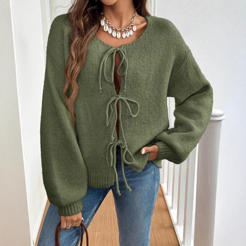 Autumn and Winter Women's Clothing, Casual, Loose Fitting, Cardigan, Tie Up, Solid Color Sweater