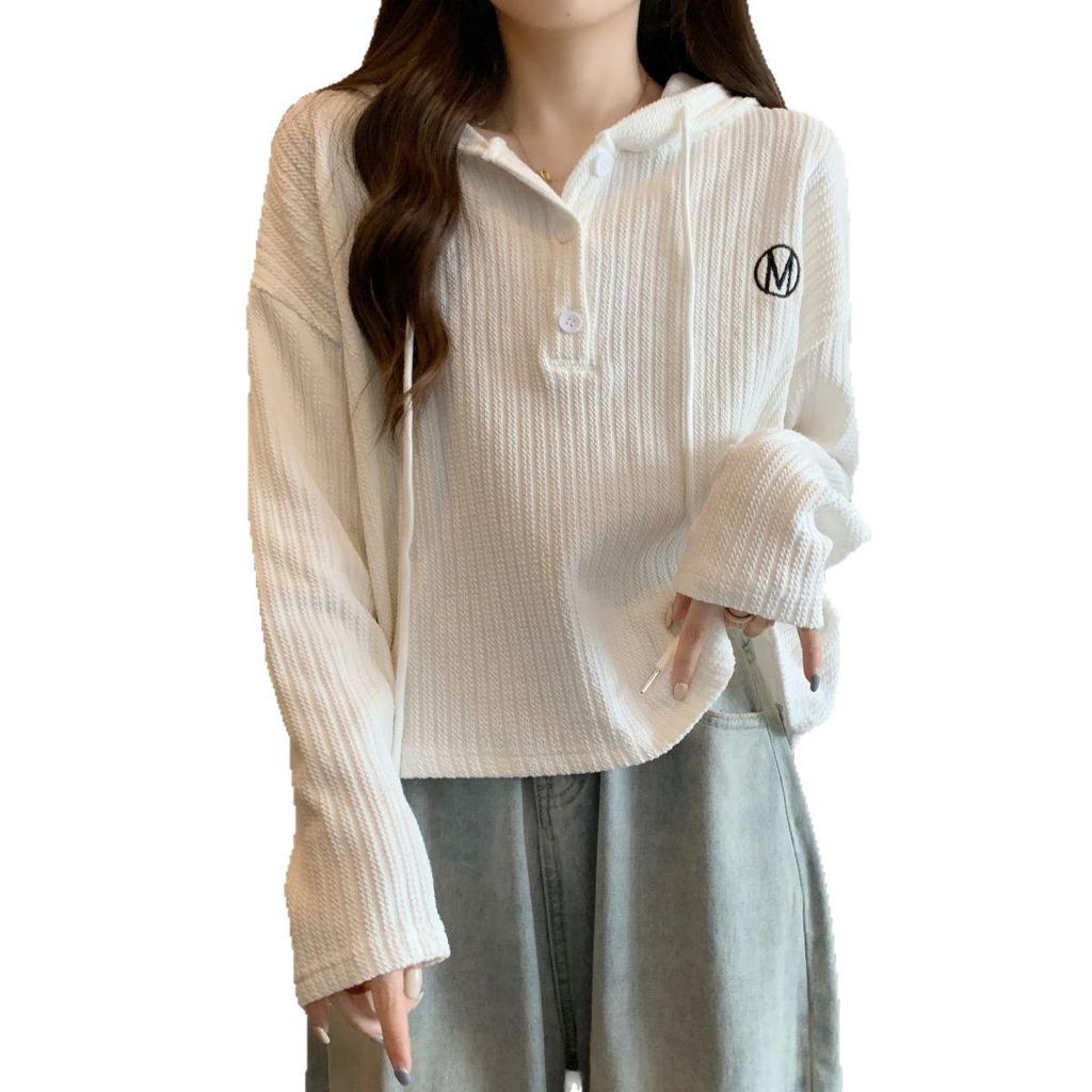 Women's Plus Size Hooded Long Sleeve Button T-Shirt - Loose Fit, New Korean Style for Spring/Autumn 2025