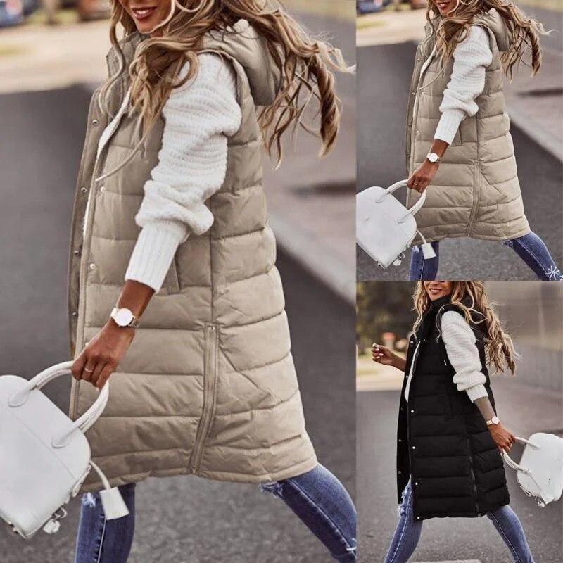 Order Two Size Up,Sleeveless Winter Jacket Women Midi Coats Down Vest Keep Warm Elegant Black Hooded Street Hipster Lady Cotton Overcoat