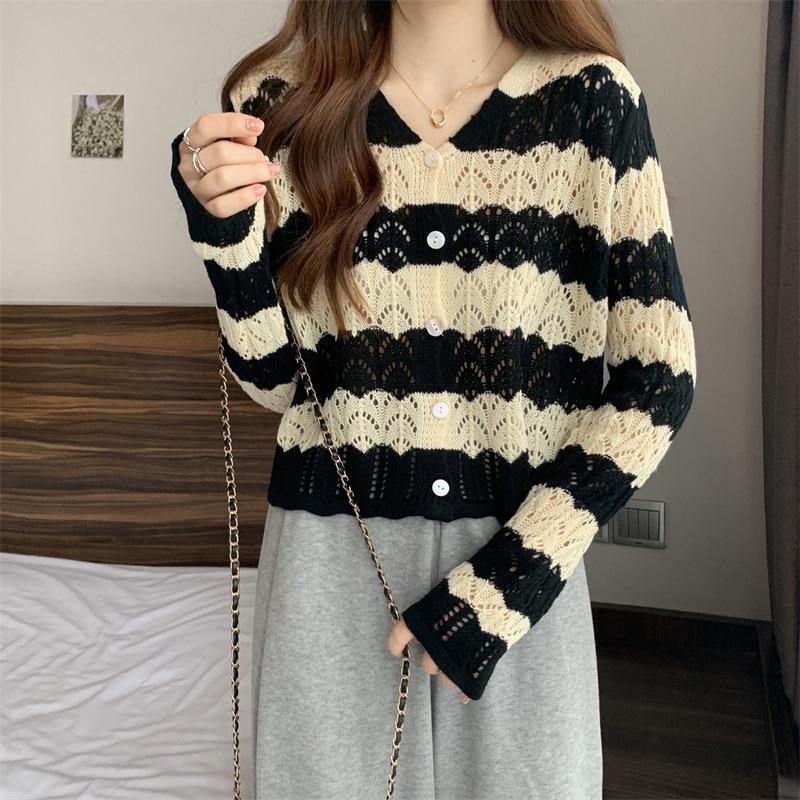 Spring and Autumn retro striped hollow knitted cardigan fashionable small fresh and thin foreign top long sleeve knitted sweater