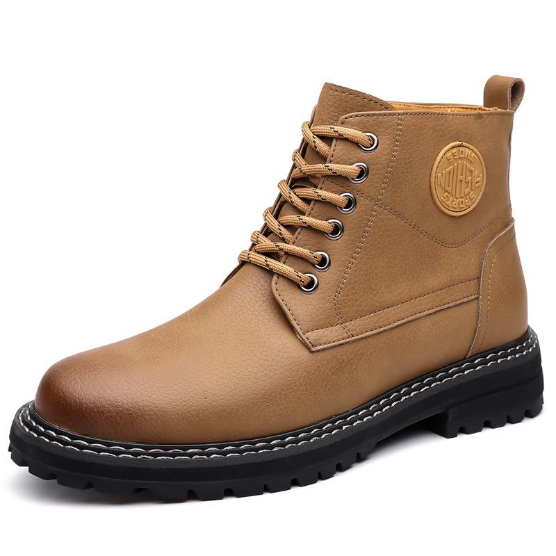 Fashion Autumn Winter Platform Boots for Men  Fashion Casual Cow Leather Yellow Cotton Shoes Male Solid Color Wool Work Boots Man