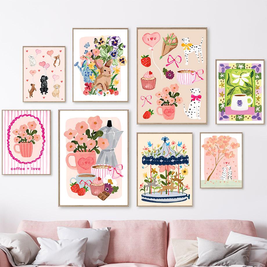 Boho Abstract Vase Flowers Coffee Illustration Wall Art Canvas Painting Animal Poster And Prints Pictures For Living Room Decor