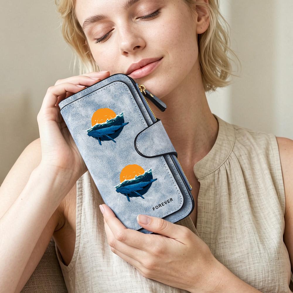 Whale Print Long Wallet for Women Leather Forever Card Holder Fashion Portable Purse