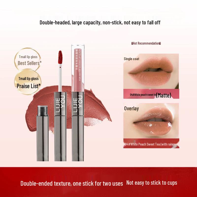 Dual-ended Lip Glaze & Gloss: Mirror Finish, Water Light Effect, Non-fading Nude Shade.
