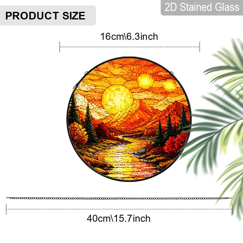 1pc 2D Flat Mountain Sunset Suncatcher Stained Glass Window Hanging, Rustic Mountain Landscape Sun Catchers Indoor Window Glass Wall Art Decor 6.3inch
