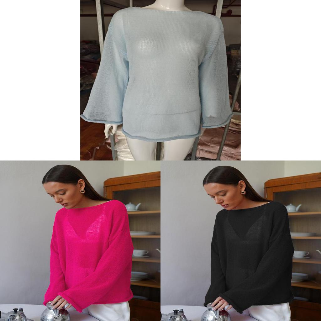 Polyester Knit Sweater With Openwork Lace Design Bell Sleeve Round Neck Summer Layering Top