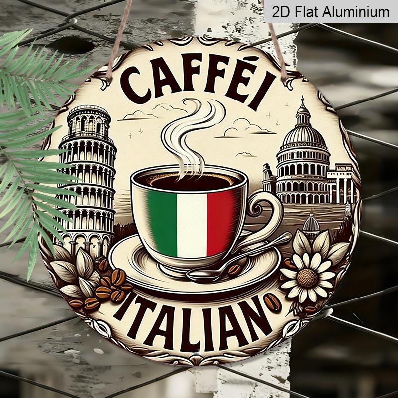 2D Flat, 1pc Caffe 7.87X7.87Round Aluminum Sign, Rome Landmarks Round Aluminum Sign, Italian Coffee Metal Tin Sign - European Style Rustic Metal Wall