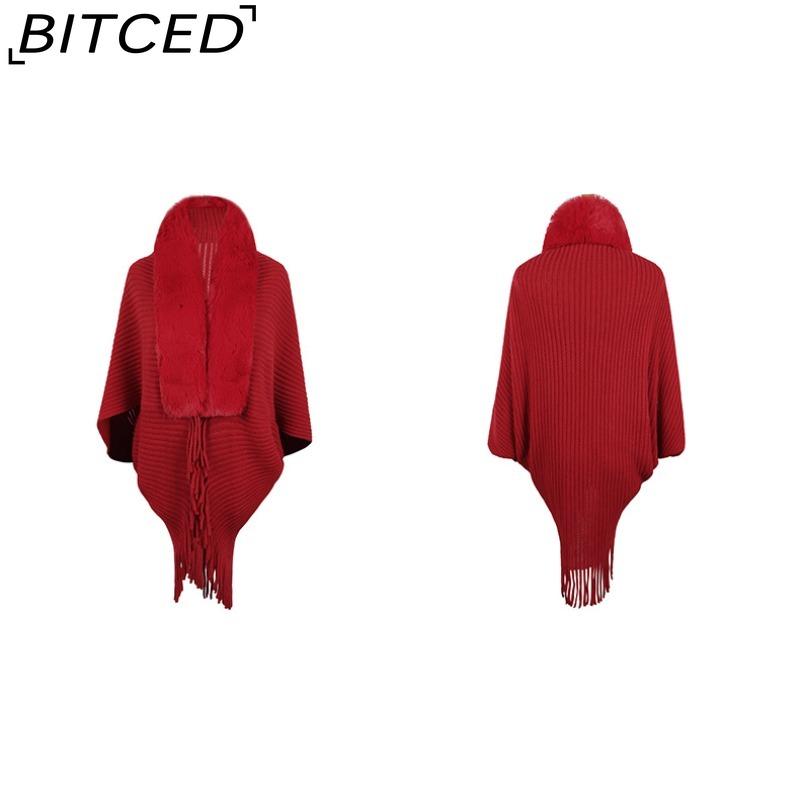 BITCED Autumn/Winter Fringe Shawl with Fur Collar – Women's Knitted Cape Coat