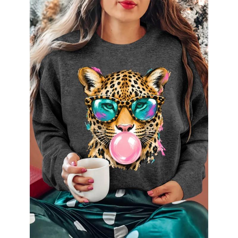 Autumn and winter women's bubble blowing pink chewing gum leopard print round neck long sleeved T-shirt
