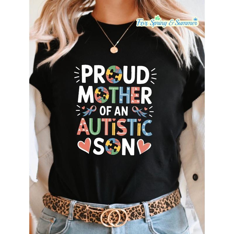 

Women s Proud Autistic Son Support Print Tee Crew Neck Short Sleeve Casual Spring Summer Top S чёрный