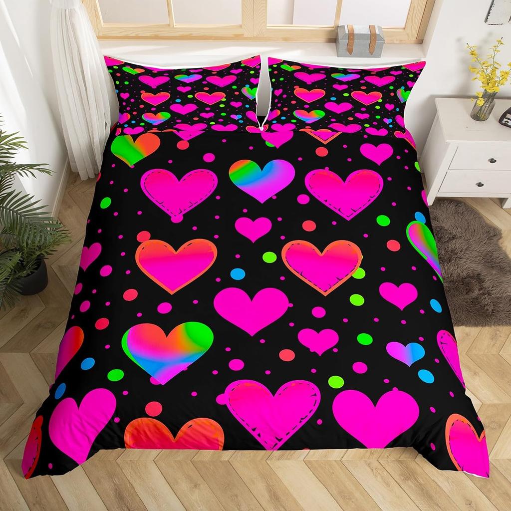 Colorful Love Heart Comforter Cover Queen Pink Black Bedding Set Romantic Duvet Cover Valentine's Day Quilt Cover with Zipper