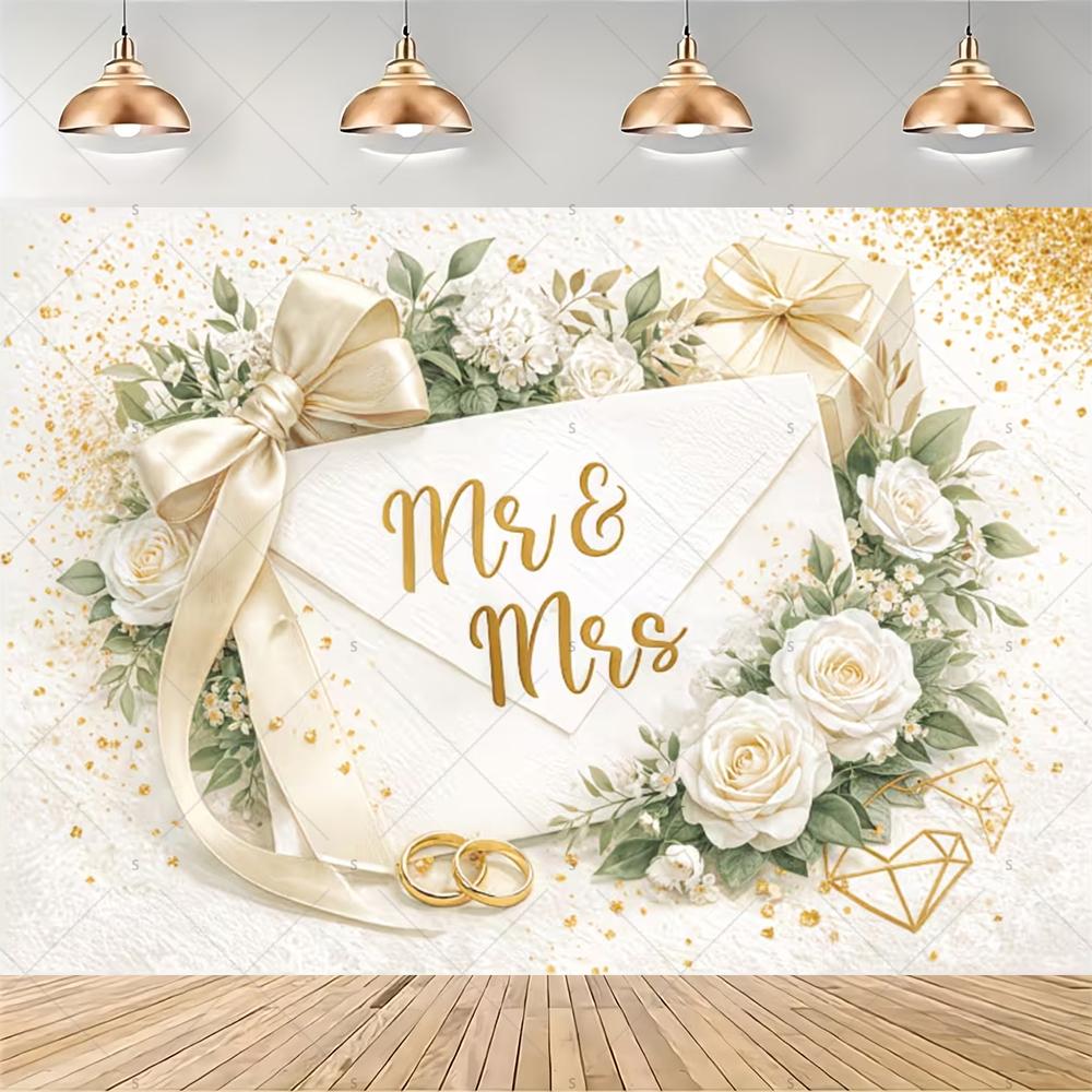 Elegant floral garland, Mr & Mrs theme, gold background, ribbon, wedding party decoration, backdrop, photography supplies2075