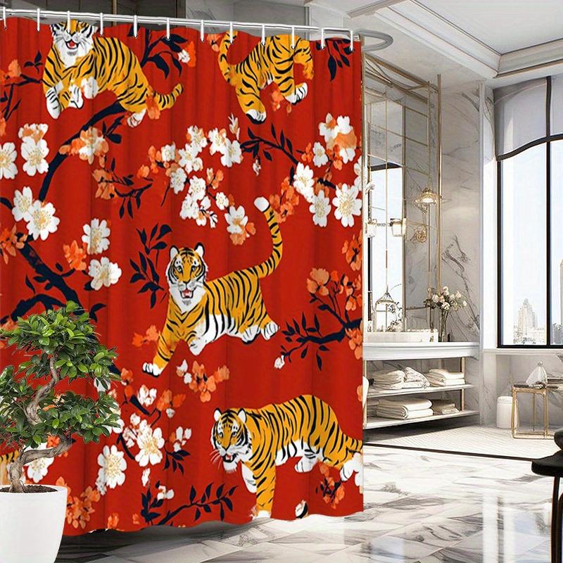 Golden Tiger and Red Blossoms Shower Curtain - Water-Resistant, Easy To Clean, Adds an Exotic and Bold Touch To Your Bathroom
