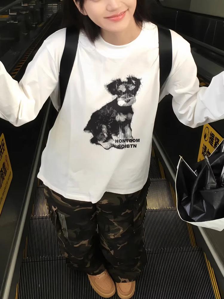 Women's Versatile White Cotton Long Sleeve Puppy Cartoon T-Shirt