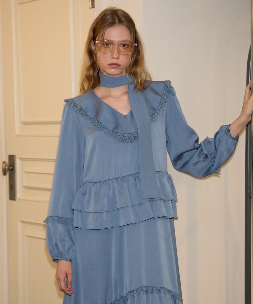 Salon De Yon Scarf Ruffle Long Dress_ Blue