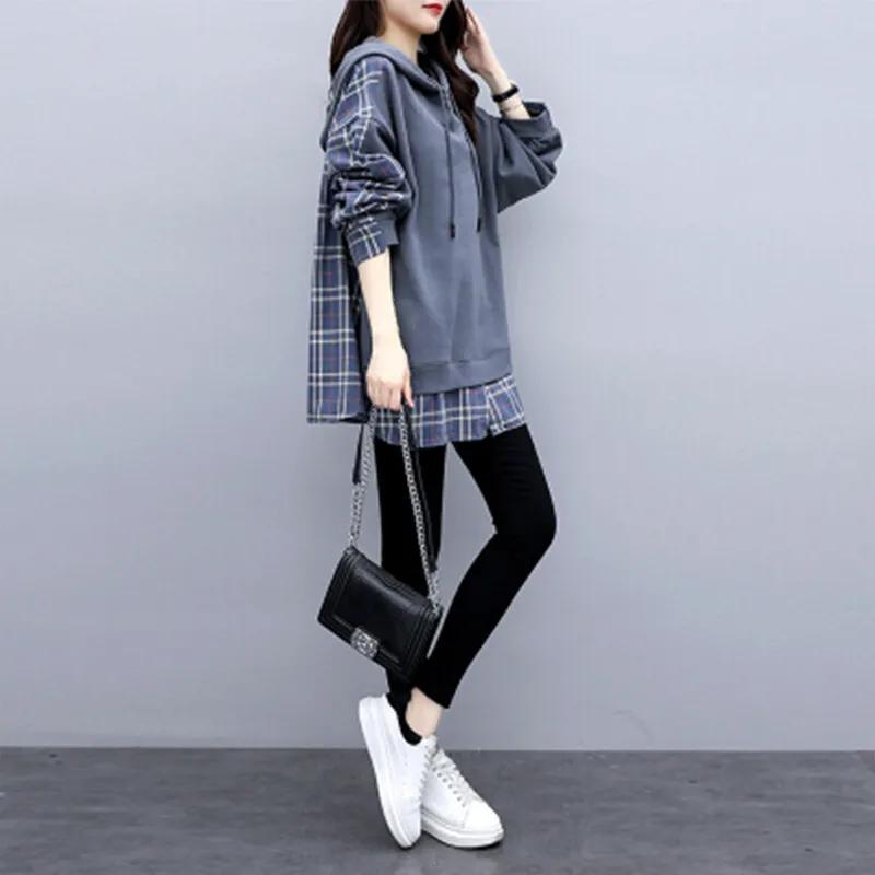 Spring Autumn Women's Loose Hooded Sweatshirt Long-Sleeve Fake Two-Piece Top
