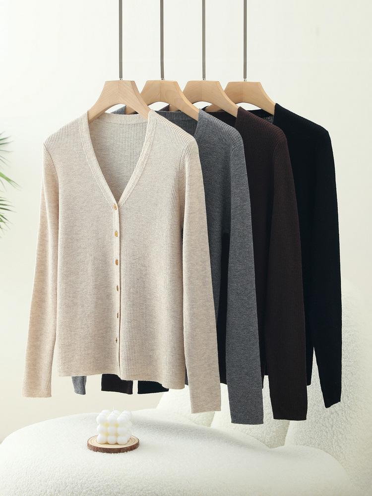 Women's Slim-Fit V-Neck Wool Cardigan, Petite-Friendly, Ribbed, Slimming, 100% Wool, Solid Color Sweater Coat