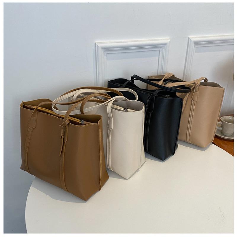 Simple Solid Color Large Capacity Tote Bag Casual Soft Leather Shoulder Bag for Women