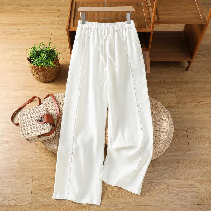 2026 Summer Retro Ethnic Wide-Leg Pants – Women s Artistic, Casual, Slimming, with Elastic Waist & Drawstring. L белый