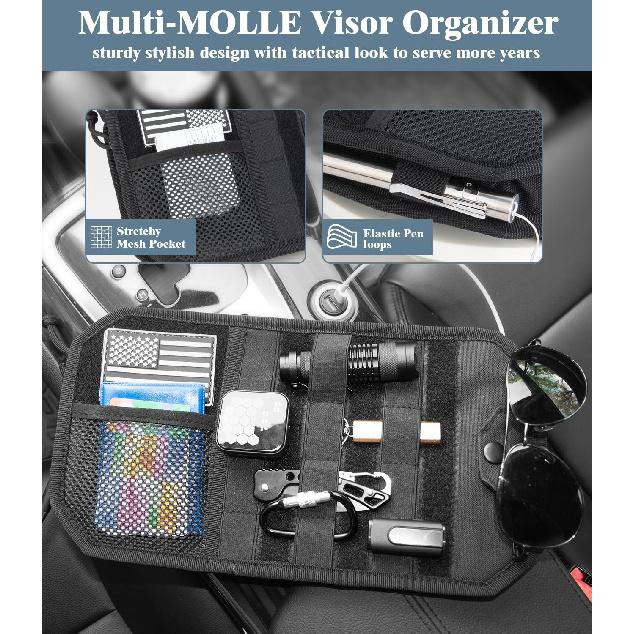 DEEPLITE Organizer na osłonę przeciwsłoneczną do samochodu Z podwójnym zamkiem Wielokieszeniowy i Klips na okulary, Półsztywny Panel Molle z naszywką na niezbędne rzeczy do jazdy - Ciężki