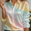 Women Satin Lapel Collar Shirt Pastel Striped Print Long Sleeve Loose Blouse Elegant Office Daily Casual Button Front Silk Feel