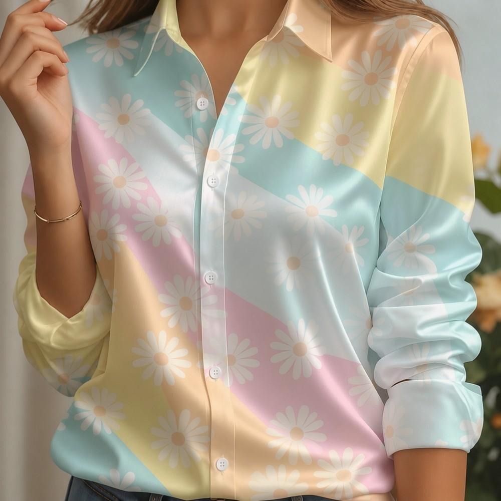 Women Satin Lapel Collar Shirt Pastel Striped Print Long Sleeve Loose Blouse Elegant Office Daily Casual Button Front Silk Feel
