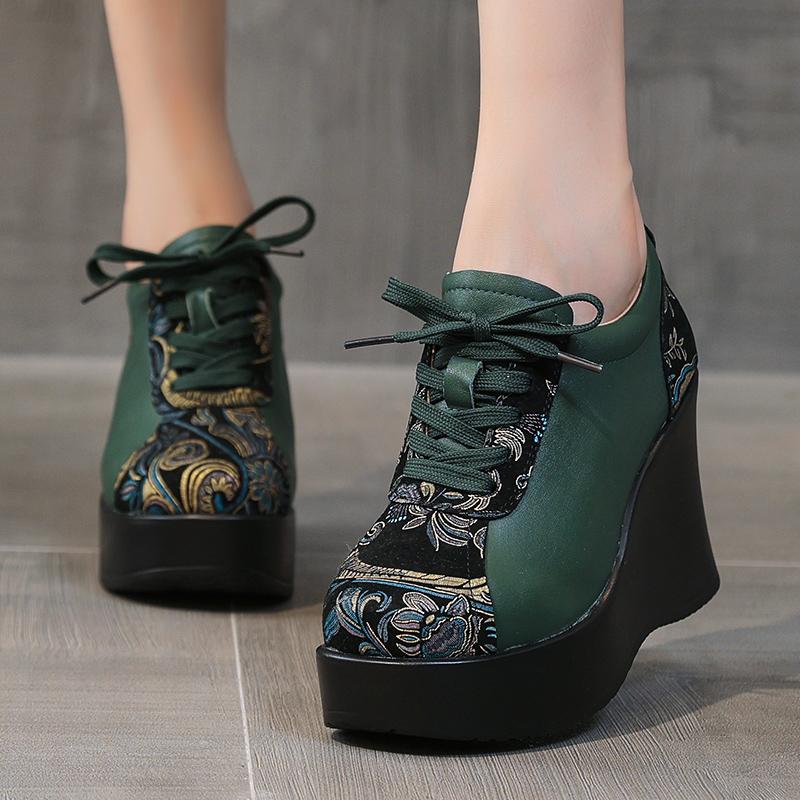 

Мода GKTINOO 2025 Весна Этнический Стиль Женские Туфли из Натуральной Кожи На Шнуровке Клиновидный Каблук Обувь Толстая Подошва Повседневные Женские Туфли на Платформе 9