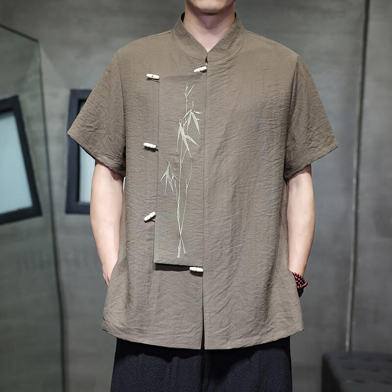 2025 Men Chinese Style Shirts Men Short Sleeve Shirt Summer Men Bamboo Leaf Shirt Men Cotton Trendy Loose Vintage Tops