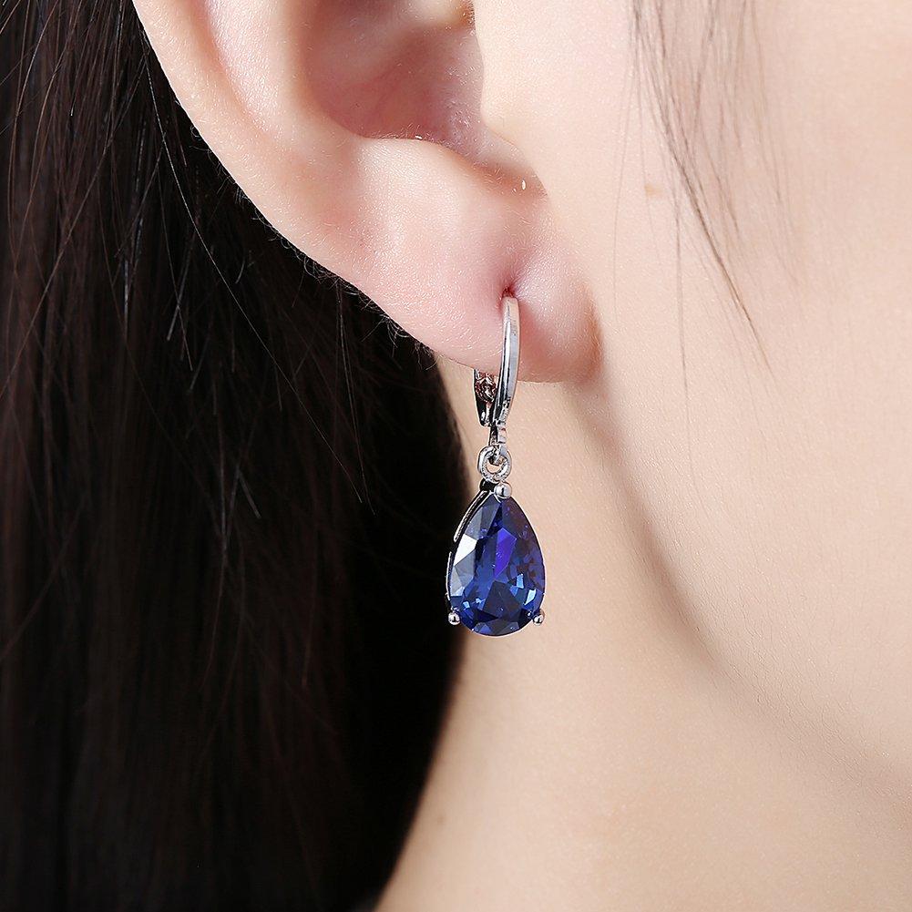 Rockyu Jewelry Popular Hoop Earrings Droplet Silver Earrings Dangling Zirconia Droplet Women's (Blue, Platinum)