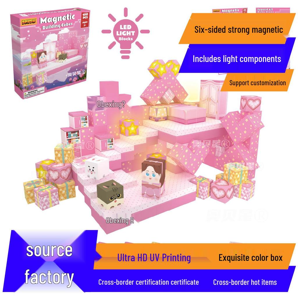Pink Castle Cube Magnetic Building Block Set - STEM Educational Toy