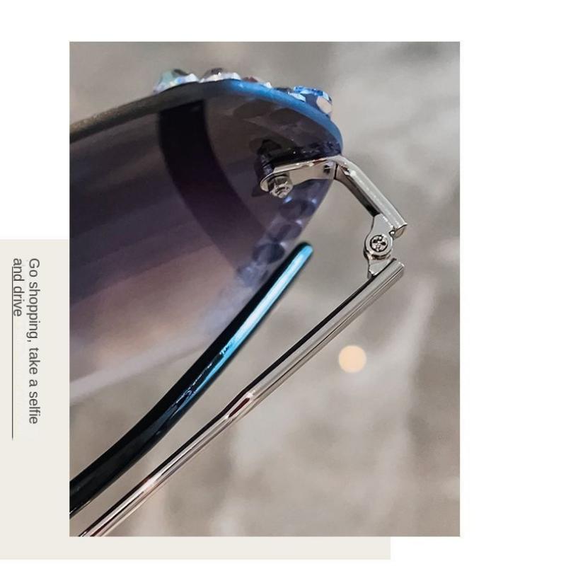 Ochelari de soare anti-UV fără ramă pentru femei, cu incrustații de diamante